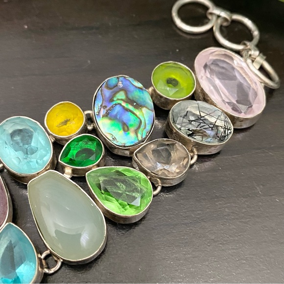 Stunning Multicolored Gemstones Crystals Mixed Cabochon Wide Bracelet 55.1g - Picture 10 of 16